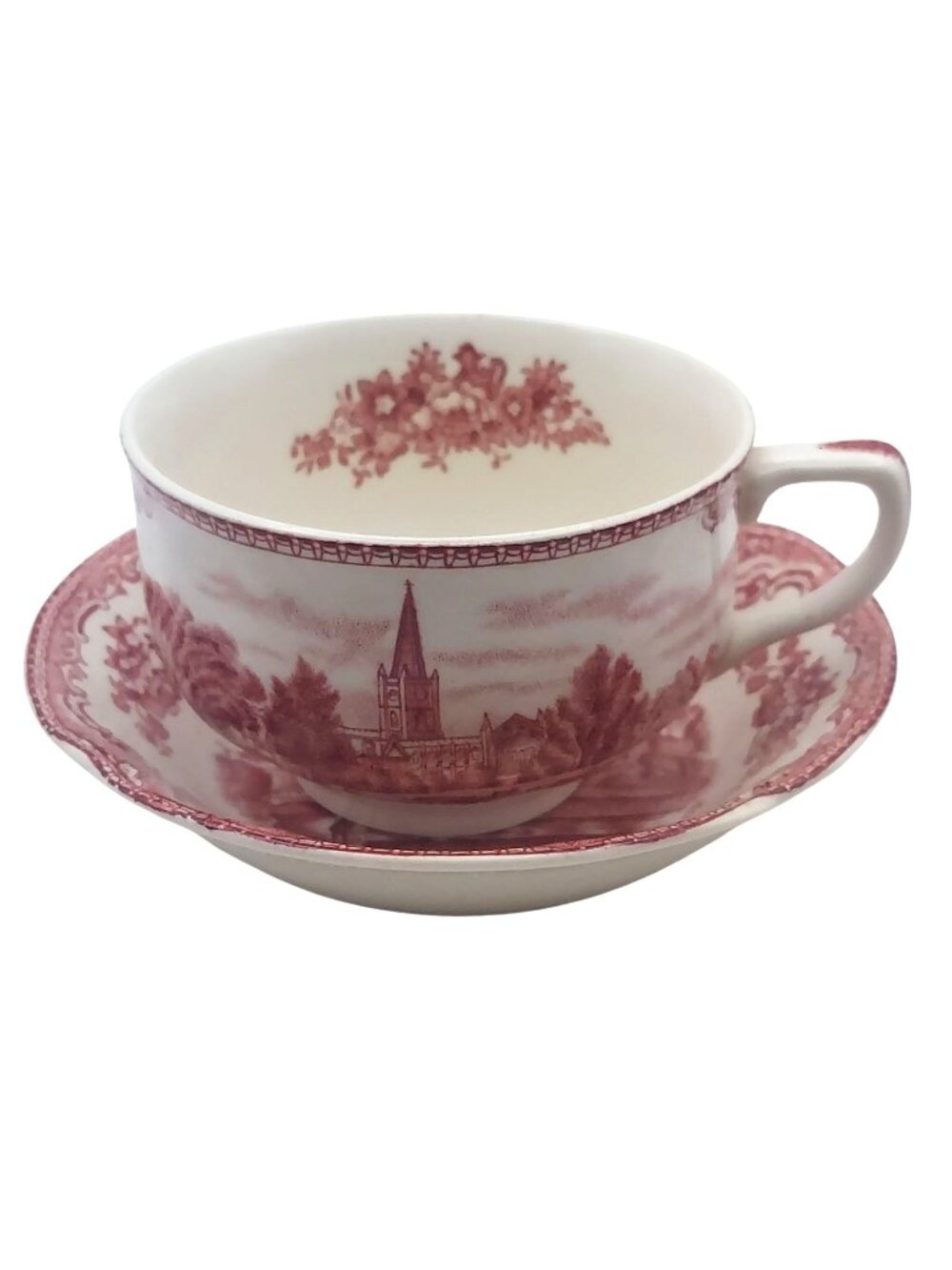 Johnson Bros Old Britain Castles Pink Transferware Tea Cup Saucer Set Vintage
